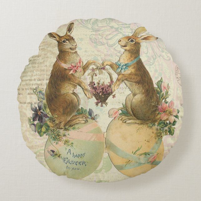 Almofada Redonda Vintage French Easter Bunnies (Frente)