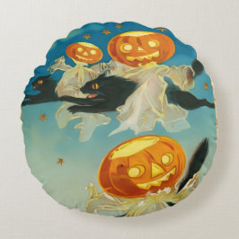 Almofada Redonda Vintage Halloween Pumpkin Fantasmas e Gatos Negros