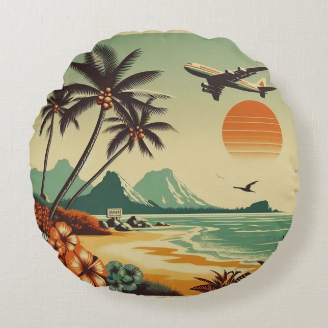 Almofada Redonda Vintage Hawaii/Tropical (Frente)