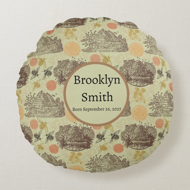 Almofada Redonda Vintage Honey Bumblebee Sage Personalizado (Frente)