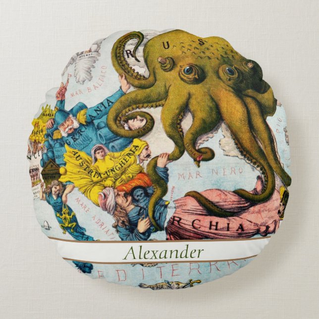 Almofada Redonda Vintage - Mapa Marítimo Ilustrado Mar Mediterrâneo (Frente)