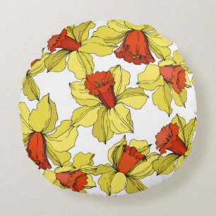 Almofada Redonda vintage Narciso flor botânica floral Amarelo a