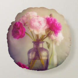 Almofada Redonda Vintage Peony Buquê em Vaso de Vidro