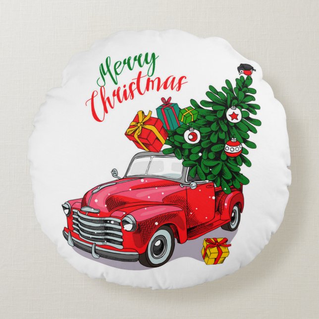 Almofada Redonda Vintage Red car Christmas (Frente)