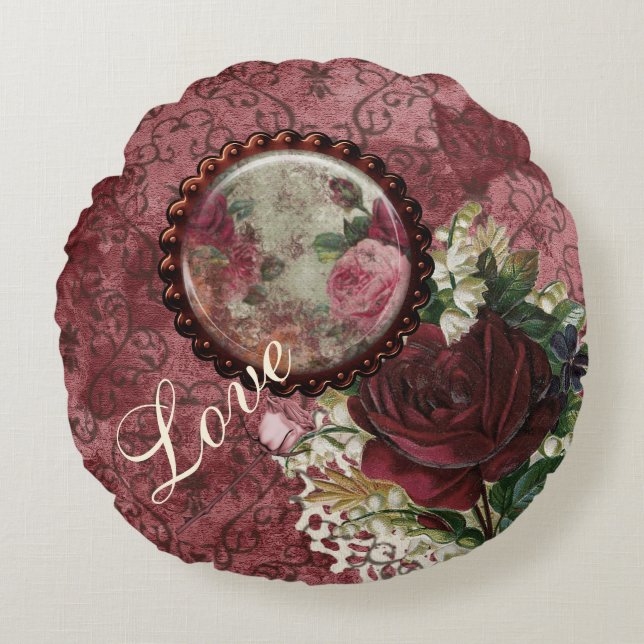 Almofada Redonda Vintage Red Floral Emphemera Love (Frente)