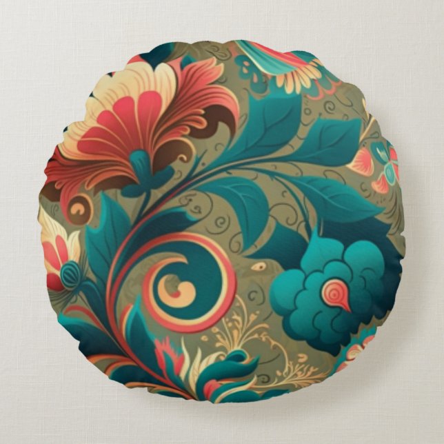 Almofada Redonda Vintage retro design floral verde (Frente)