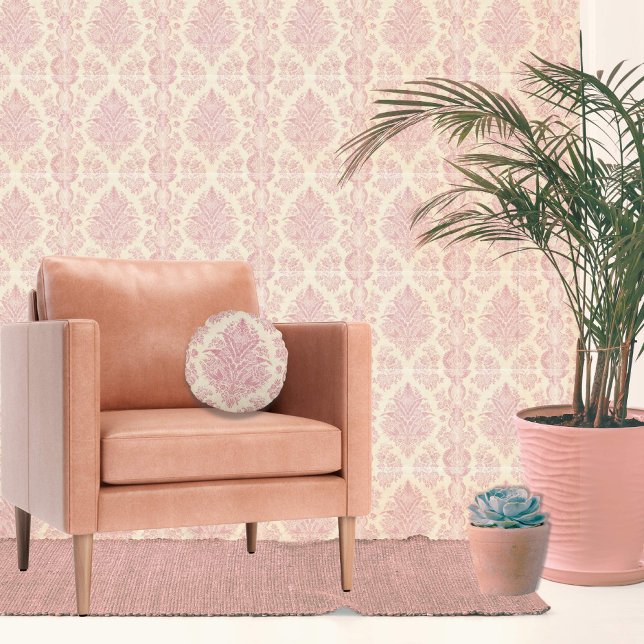 Almofada Redonda Vintage Rosa Pink Damask (Pink damask pillow for a traditional interior)