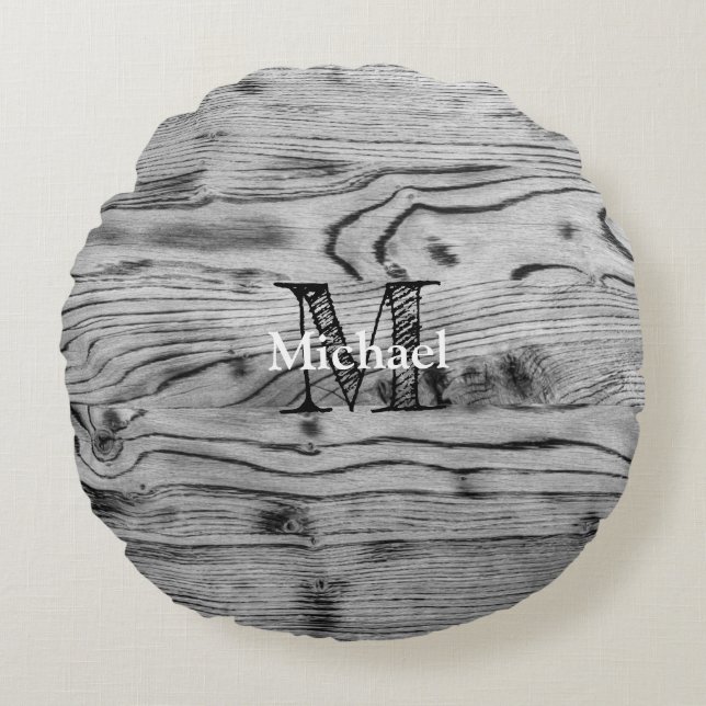 Almofada Redonda Vintage rústica cinza negra queimada Monograma (Frente)