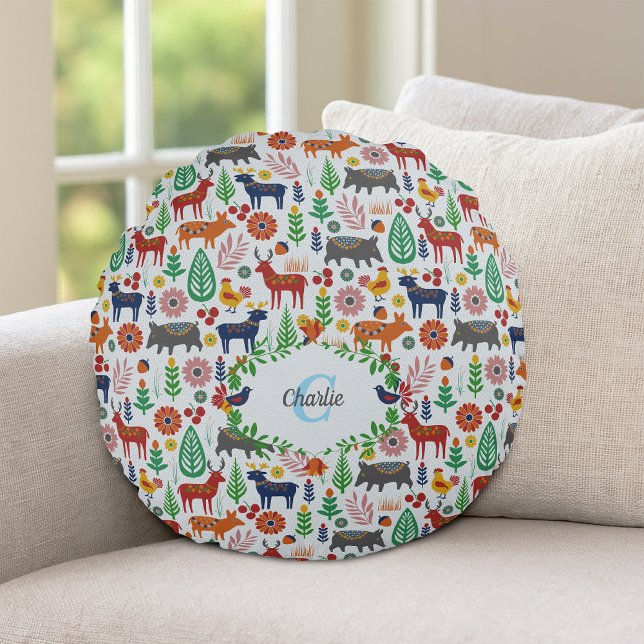 Almofada Redonda Vintage Scandinavian Folk Art Monogram Pattern (Criador carregado)