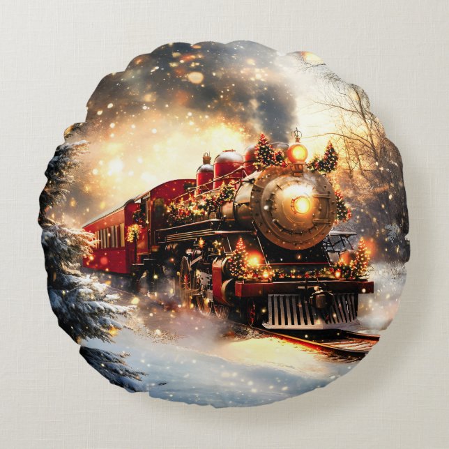 Almofada Redonda Vintage Snowy Night Christmas Train Express (Frente)