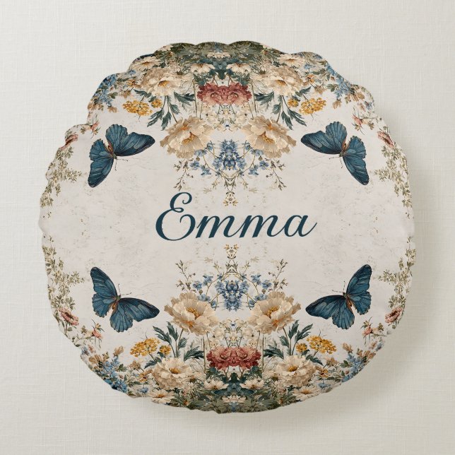 Almofada Redonda Vintage Spring Butterfly Floral Garden (Frente)