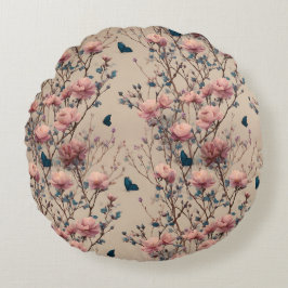 Almofada Redonda Vintage Spring Roses with Blue Butterflies