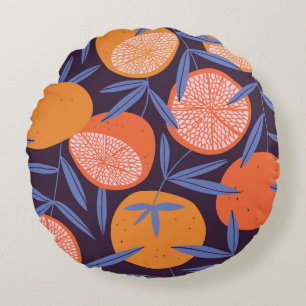 Almofada Redonda Vintagem De Toranja, Padrão De Fruta Tropical.
