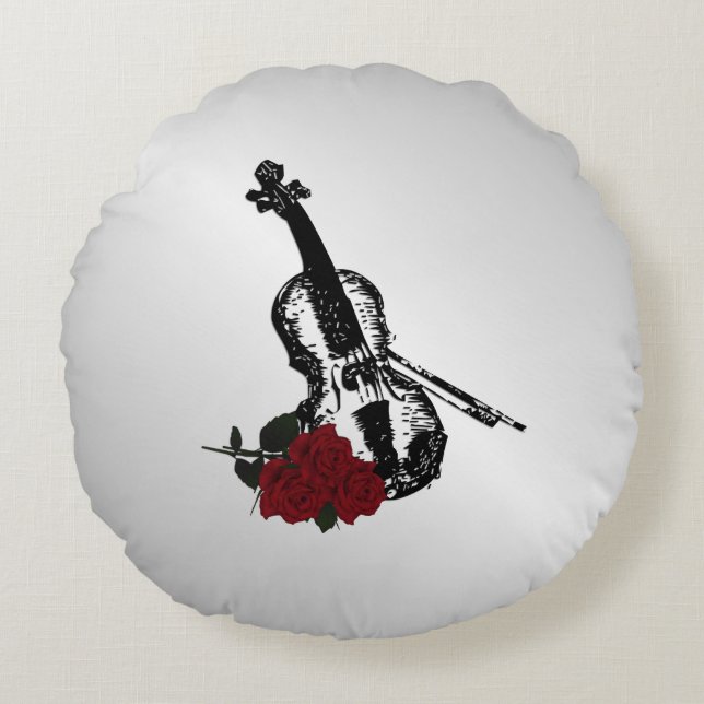 Almofada Redonda Violino e Rosa Prata (Frente)