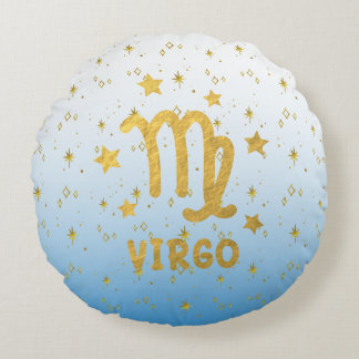 Almofada Redonda Virgo Zodiac Azul e Dourado Travesseiro redondo