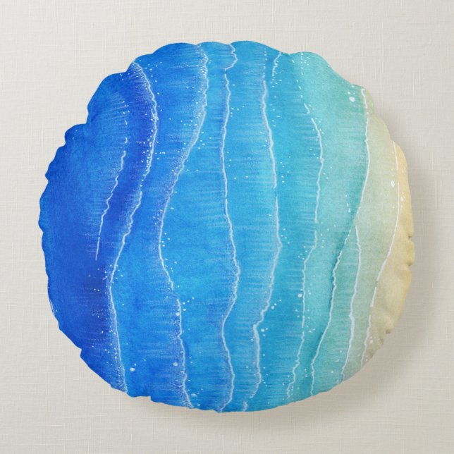 Almofada Redonda Vista de mar e praia em aquarela. (Frente)