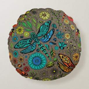 Almofada Redonda Voe, voe libélula em marrom