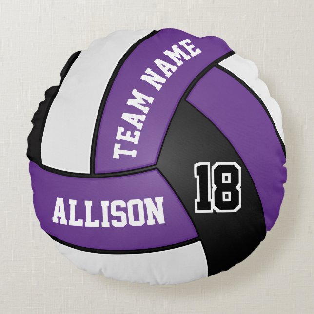 Almofada Redonda Voleibol Personalizado 🏐 Roxo, Branco e Preto (Frente)