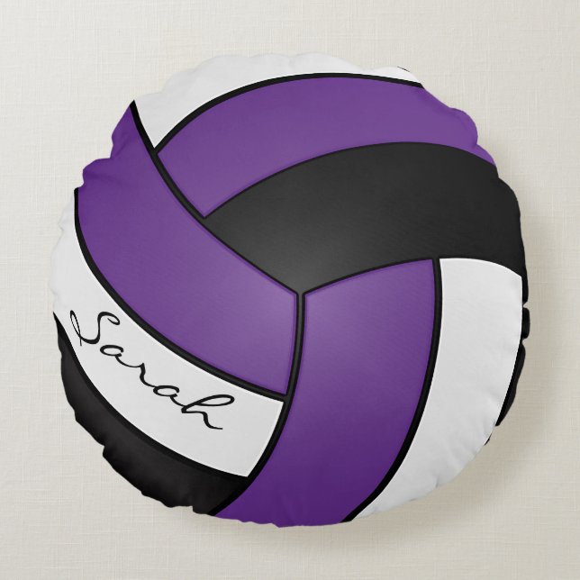 Almofada Redonda Voleibol roxo, preto e branco | DIY Name (Frente)