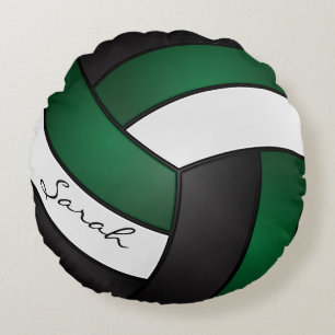 Almofada Redonda Voleibol Verde escuro, preto e branco DIY Name