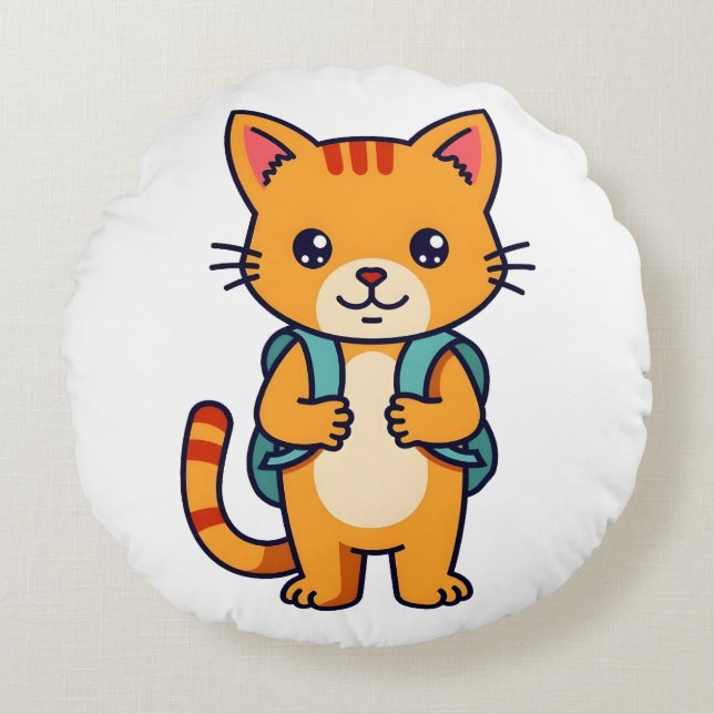 Almofada Redonda Voltar ao Gatinho escolar - n.o 10 (Frente)