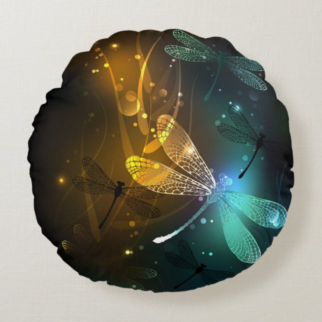 Almofada Redonda Voo luminoso verde de libélula (Frente)