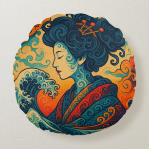 Almofada Redonda Vvetor oriental abstrato Geisha Kanagawa ondas