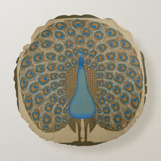Almofada Redonda Walter Crane Blue Peacock com a cauda (Frente)