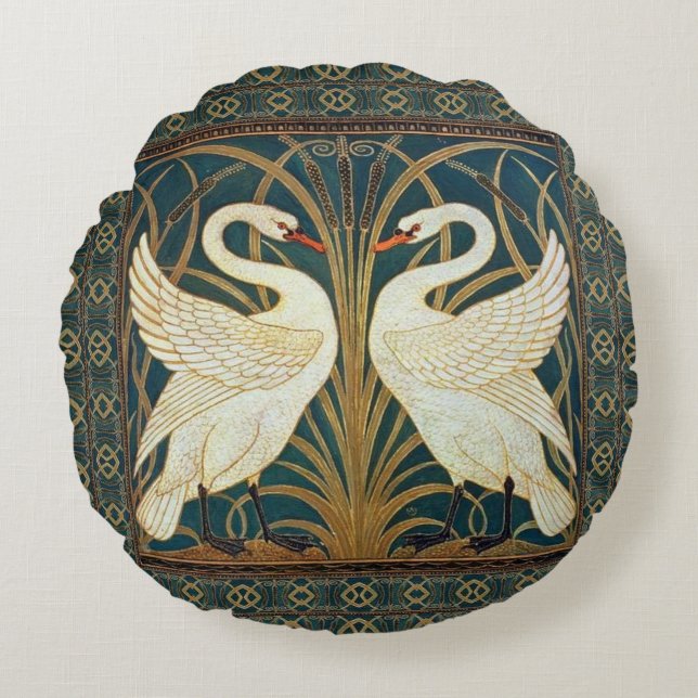 Almofada Redonda Walter Crane Swan, Rush E Iris Art Nouveau (Frente)