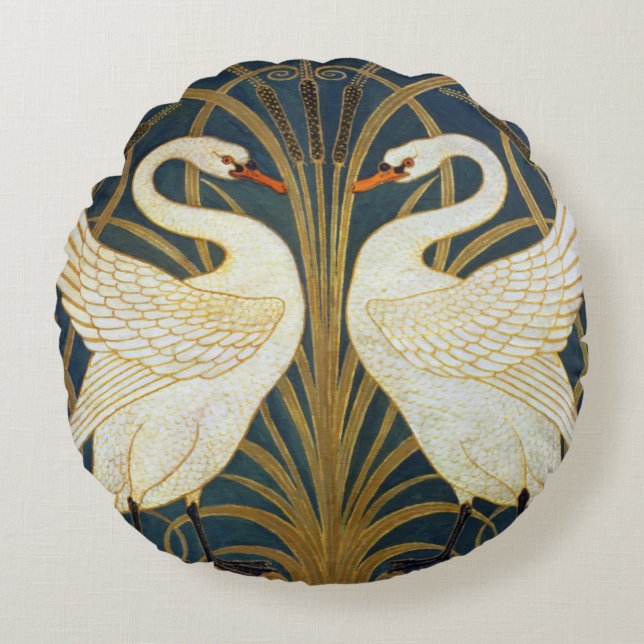 Almofada Redonda Walter Crane - Swan, Rush E Iris Art Nouveau (Frente)