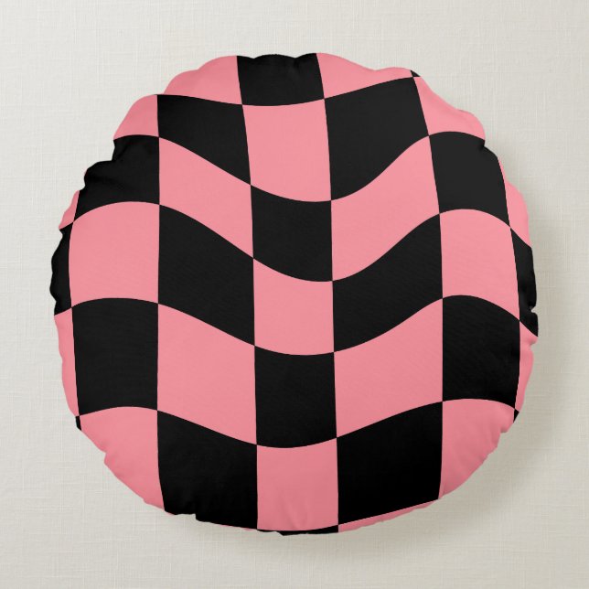 Almofada Redonda Warped Checkerboard Throw Pillow - Trippy Pink and (Frente)