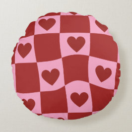 Almofada Redonda Warped Crimson Pink Checkerboard Pillow