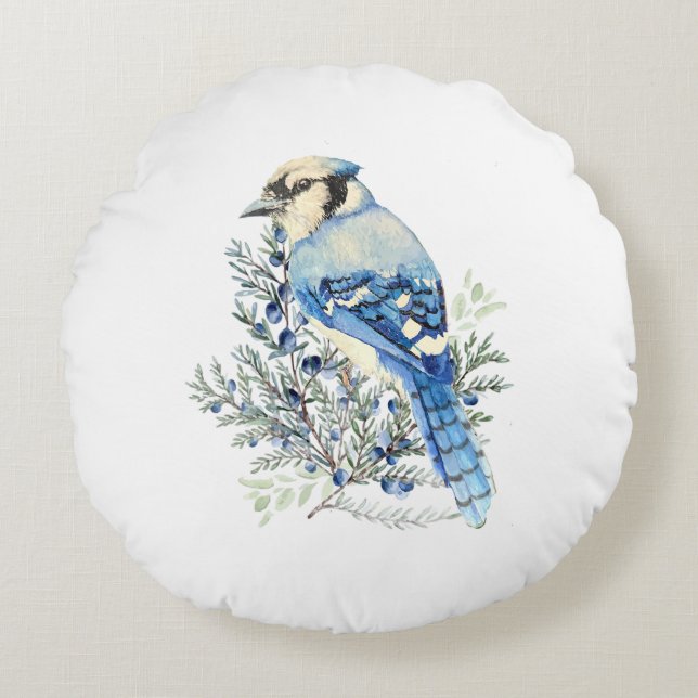 Almofada Redonda Watercolor Blue Jay Bird Blueberries Country Art (Frente)