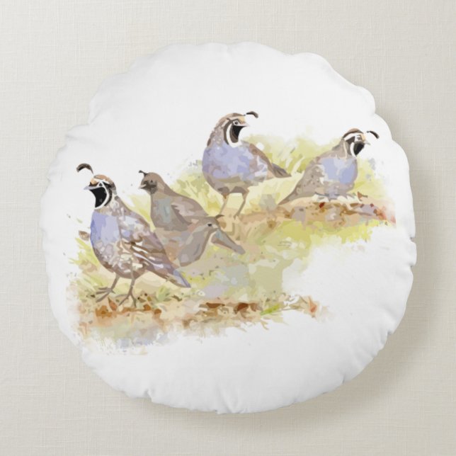 Almofada Redonda Watercolor California Quail Bird Nature Art (Frente)