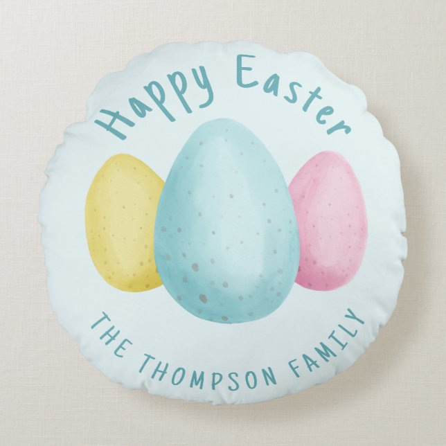 Almofada Redonda Watercolor Easter Eggs Blue Happy Easter (Frente)