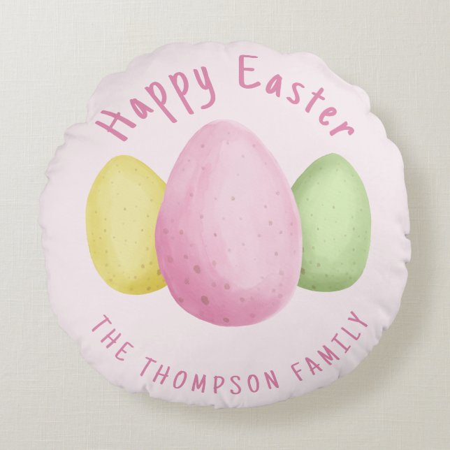 Almofada Redonda Watercolor Easter Eggs Pink Happy Easter (Frente)