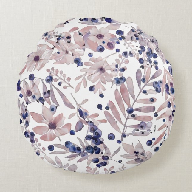 Almofada Redonda Watercolor Eucalyptus Blueberry Botanical Art Love (Frente)