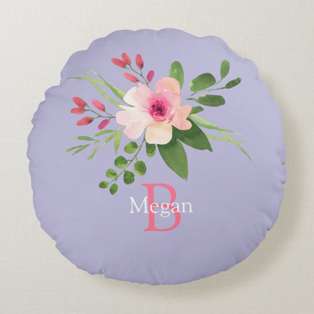 Almofada Redonda Watercolor Flower, Name & Monogram on Lavender (Frente)