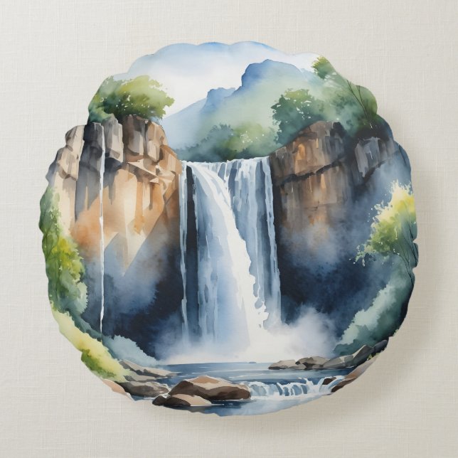 Almofada Redonda Watercolor painted waterfall (Frente)