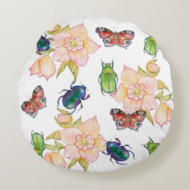 Almofada Redonda Watercolor pattern of beetles and butterflies (Frente)