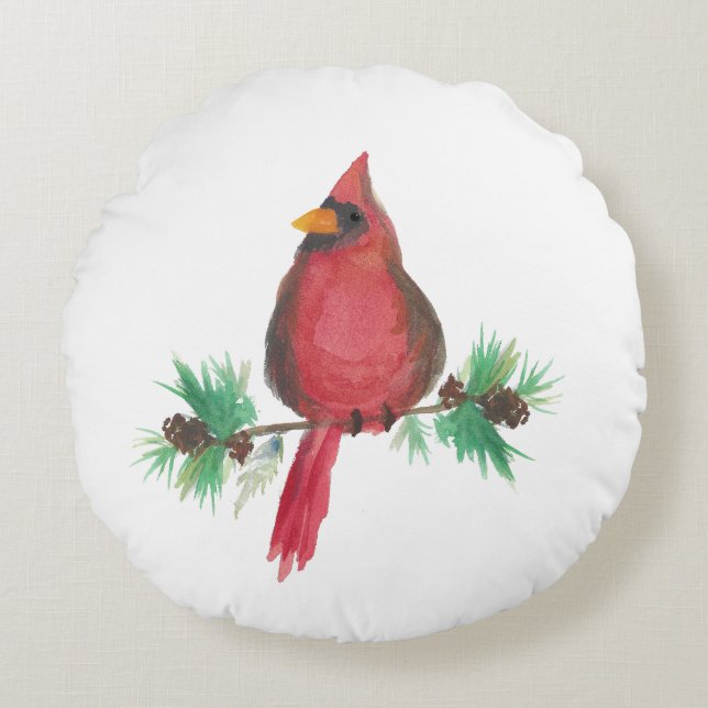 Almofada Redonda Watercolor Red Cardinal Christmas (Frente)