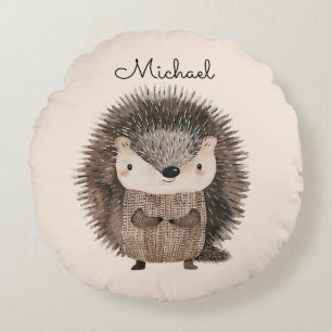 Almofada Redonda Watercolor Woodland Animal Hedgehog Personalizado