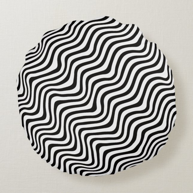 Almofada Redonda wavy black stripes op art printed (Verso)
