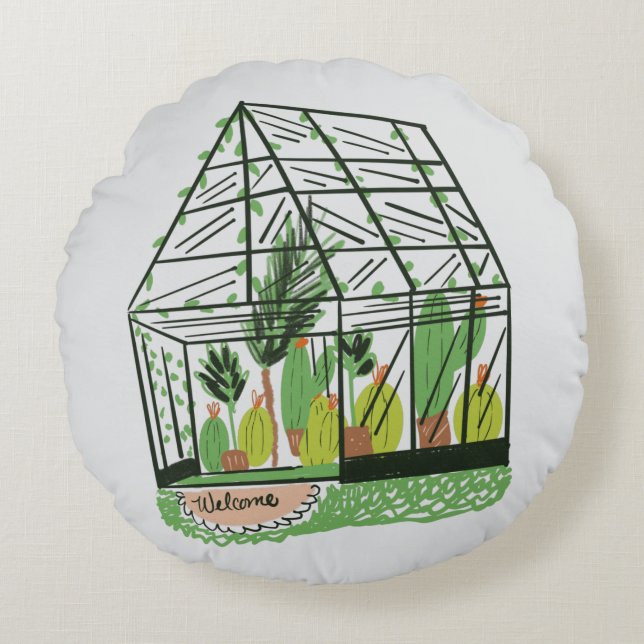 Almofada Redonda Welcome Green House Botanical Cactus Plants Art (Frente)