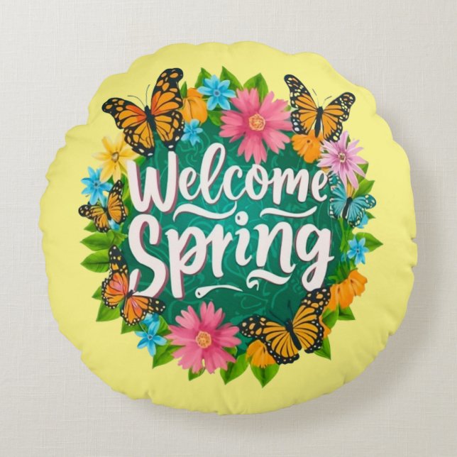 Almofada Redonda Welcome spring Monarch Butterfly Flowers (Frente)
