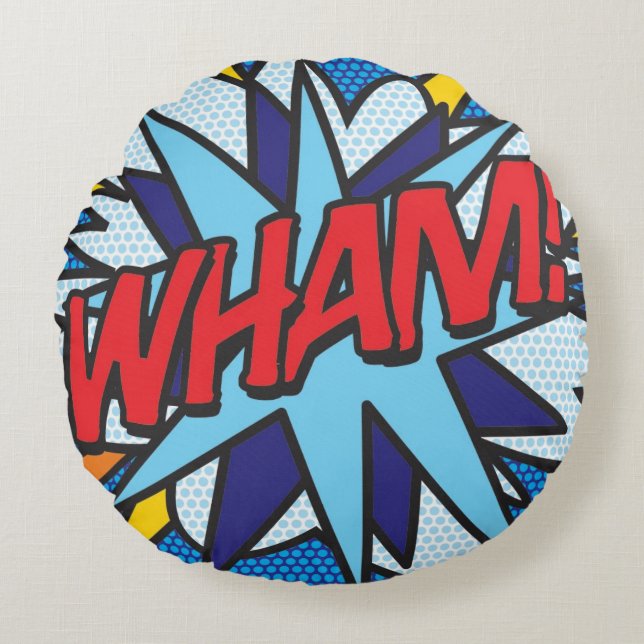 Almofada redonda WHAM! de história em quadrinhos (Frente)