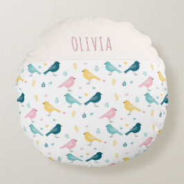 Almofada Redonda Whimsical Bird Pattern Personalized Pink & Teal