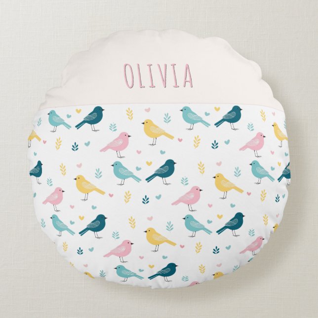 Almofada Redonda Whimsical Bird Pattern Personalized Pink & Teal (Frente)