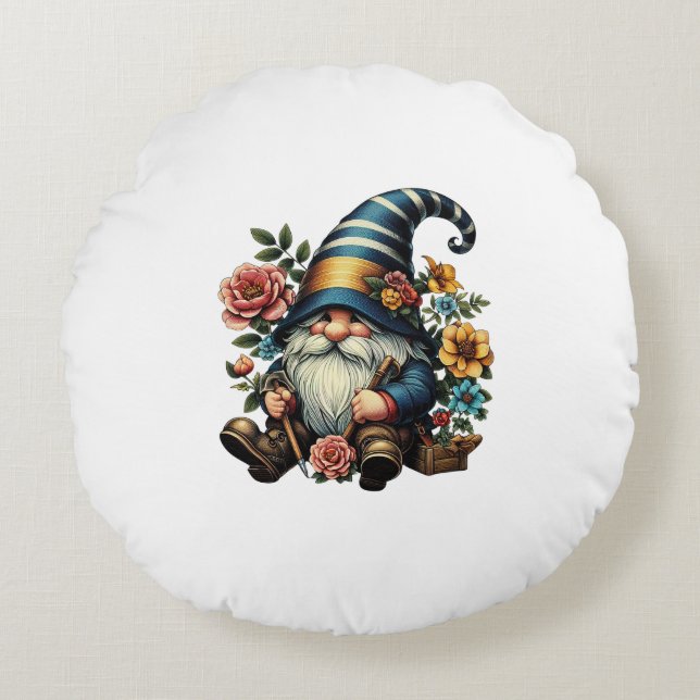 Almofada Redonda Whimsical Gnome with Flowers (Frente)