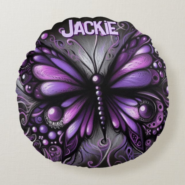 Almofada Redonda Whimsical Gothic Butterfly Purple Personalized (Frente)